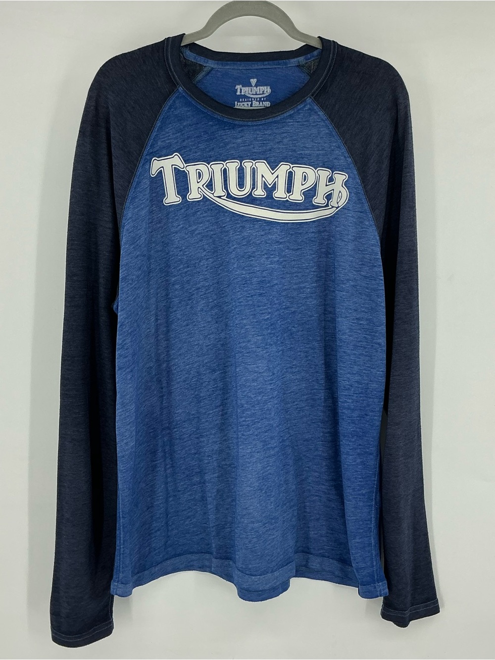 Lucky Brand X Triumph Blue Raglan Long Sleeve Tee with Navy Sleeves